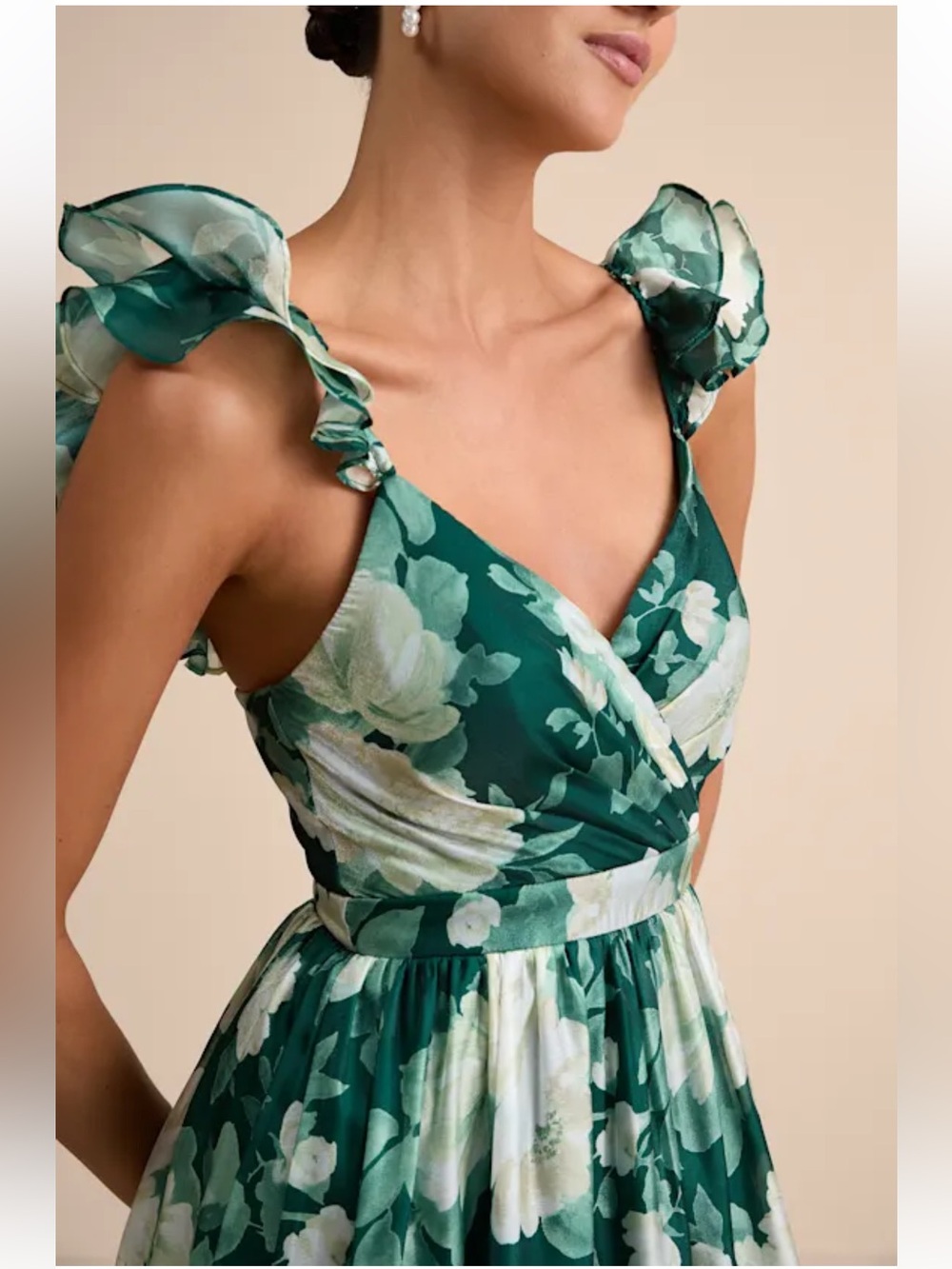 Lulus Floral Maxi Dress Green White Ruffle Strap Empire Waist Size L NWT - Picture 6 of 13